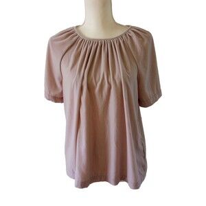 Old Navy Velvet Shirt Top Womens Medium Pleated Short Sleeve Tan Beige Neutral
